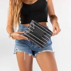 Aloha Small Pinstripe Pouch In White On Black