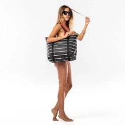 Luggage And Bags Aloha Pinstripe Zipper Tote In White On Black